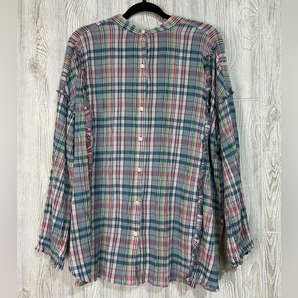 Chaps Plaid Long Sleeve Ruffle Button Front Gauzy Blouse Top Size 1X